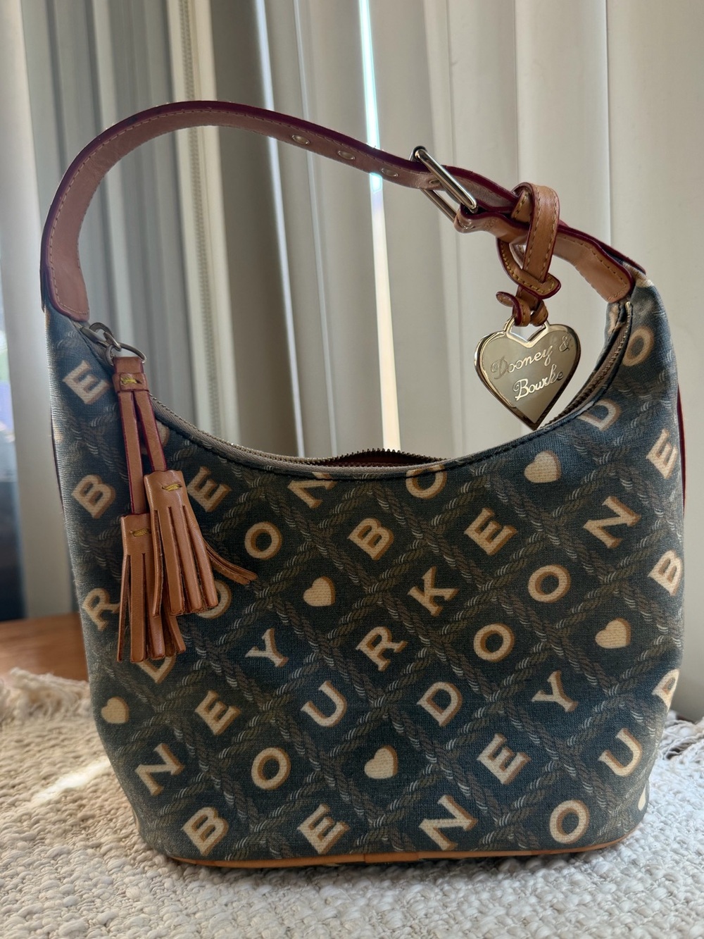 VINTAGE Dooney & Bourke Logo-Print Hobo with Tan Trim - Picture 1 of 7